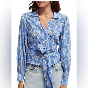 Scotch and Soda Damen Wickeltop Blue and Pink Palm Tree Pattern‎ Wrap Shirt Sz M